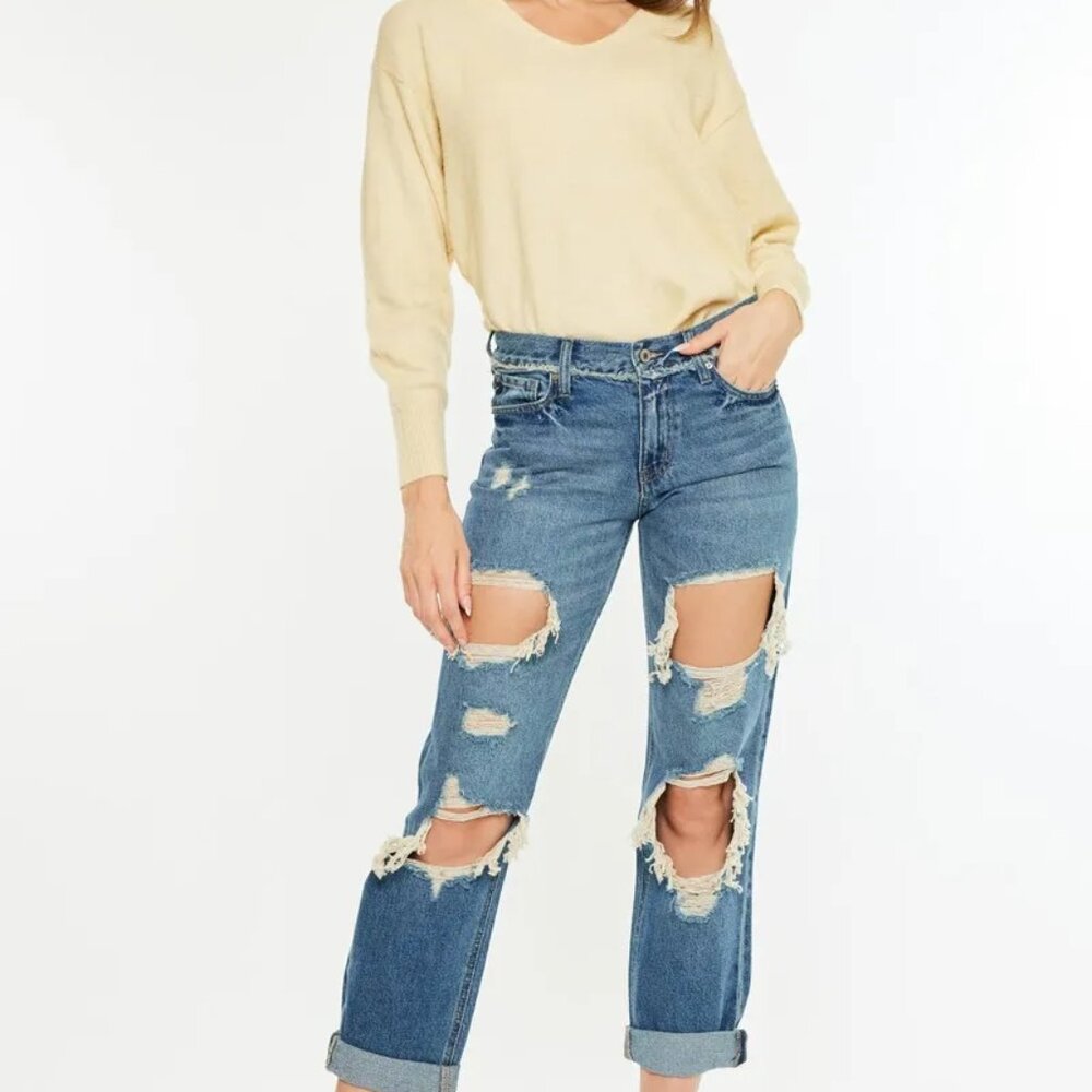 Kancan Distressed Mid Rise True Boyfriend‎ Jeans